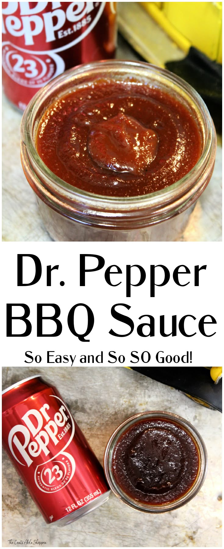 dr pepper bbq sauce in a glass jar next to an orange and red drink