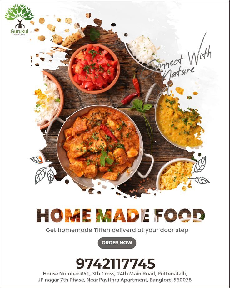 the flyer for home made food is shown with various dishes and vegetables in bowls on it