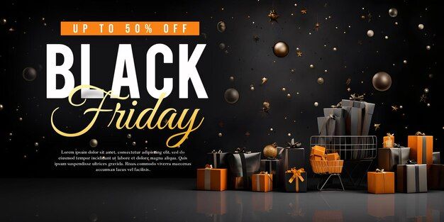 black friday sale banner with presents and balloons