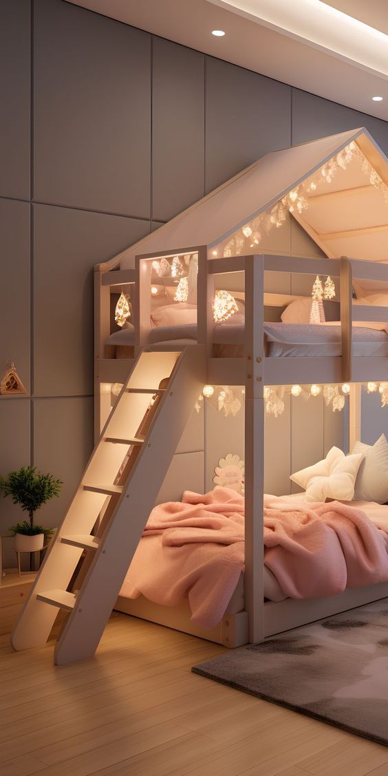 a bunk bed with a slide on the bottom and stairs up to it in a bedroom