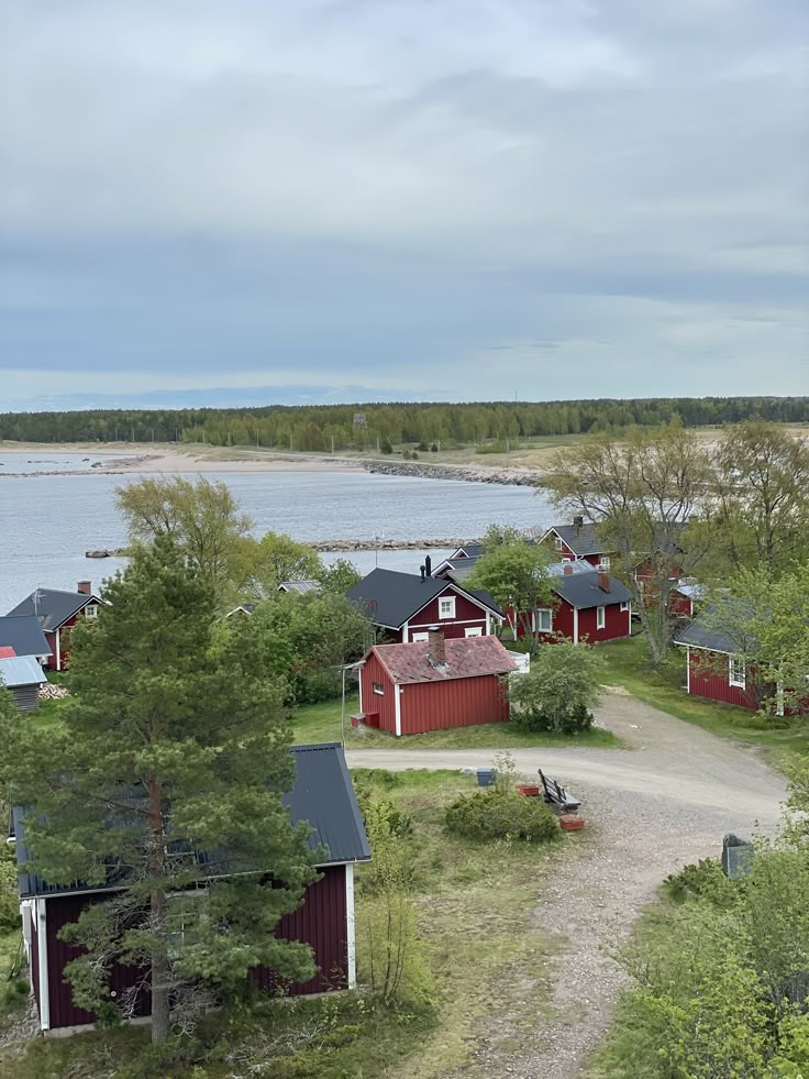 an aerial view of several red houses near the water with trees in front of them