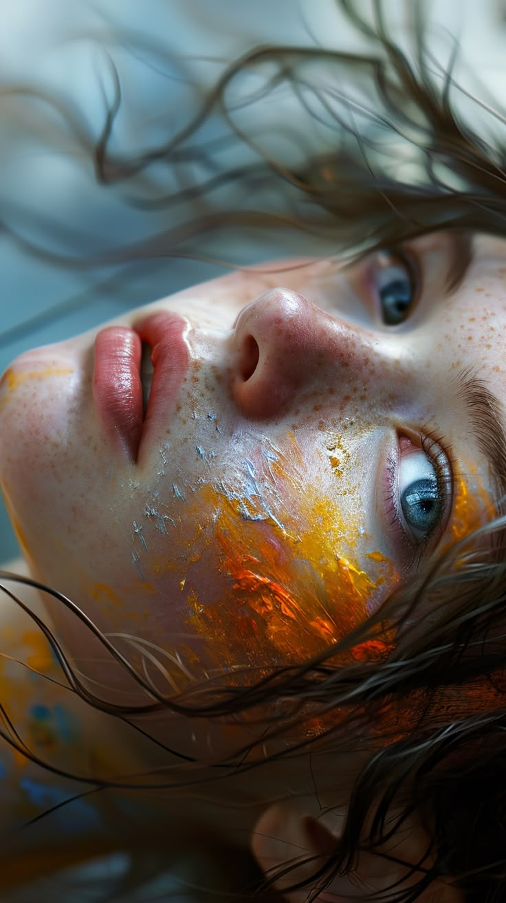 a woman with freckled hair and blue eyes looks up at the camera while she is covered in yellow paint