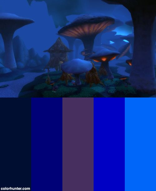 the color scheme is blue and purple with mushrooms on it, while other colors are green