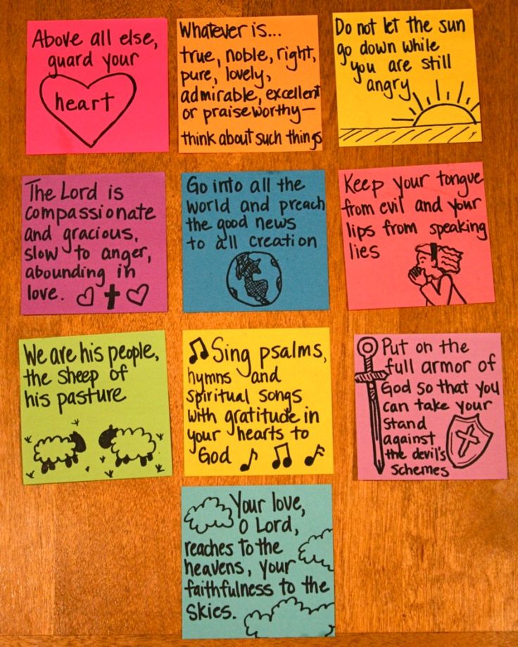 several pieces of paper with words written on them and some notes attached to the post - it