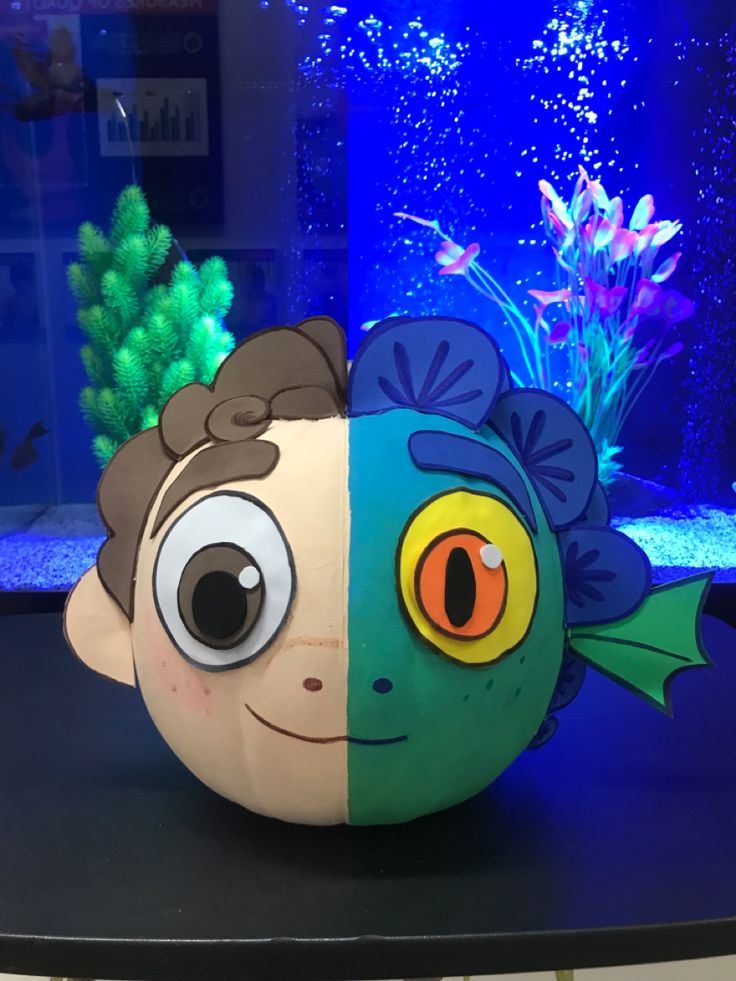 a stuffed fish with two different colors on it's head and eyes, sitting in front of an aquarium