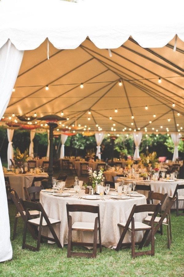 a large tent with tables and chairs under it