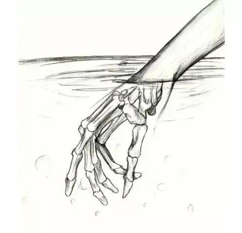 a drawing of a hand reaching into the water