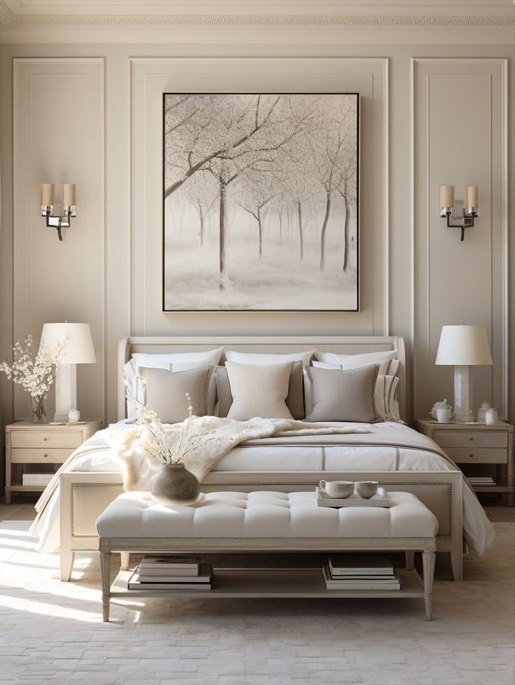 a white bed sitting under a painting in a bedroom next to two tables and lamps