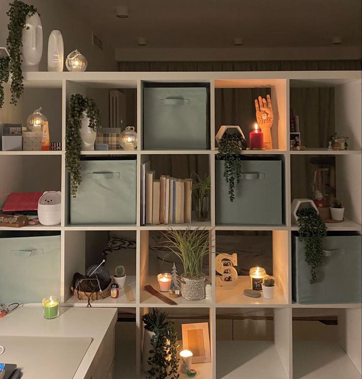 a room filled with lots of white shelves covered in plants and books on top of them