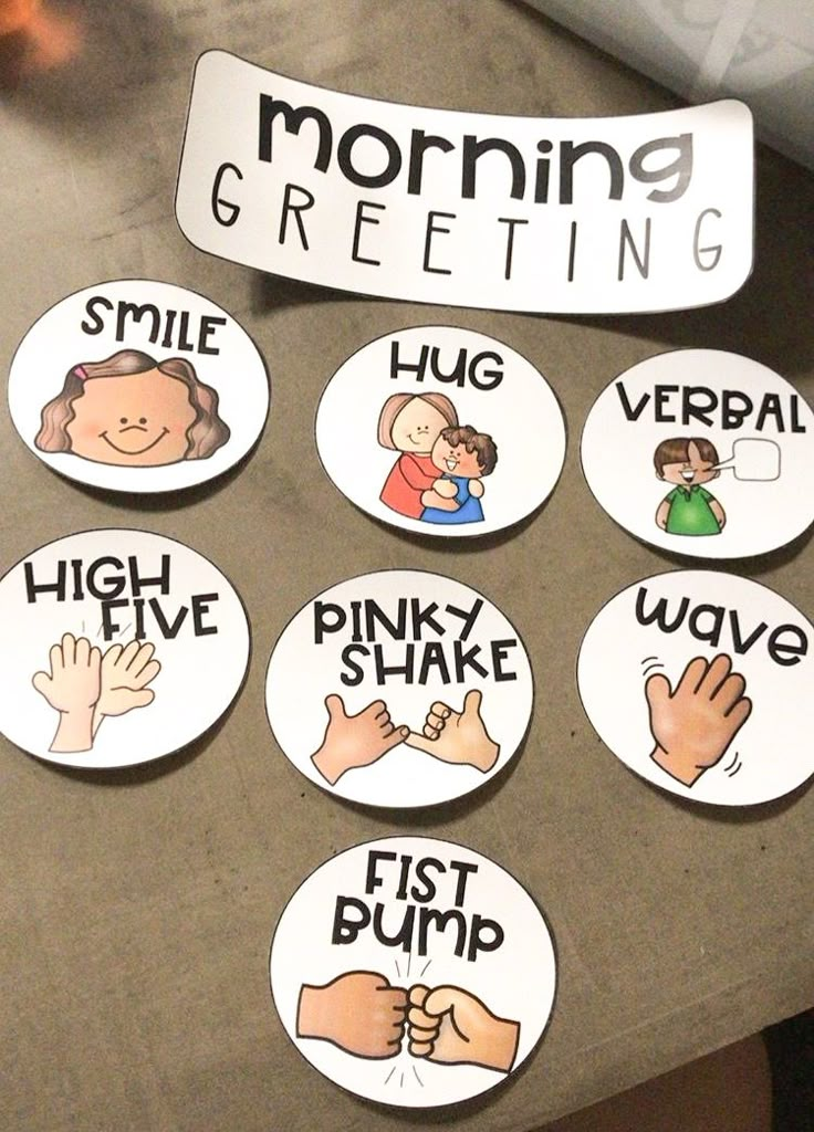 several stickers with words on them that say, morning greetings and pinky shake