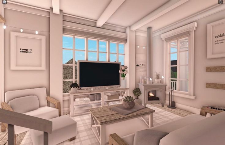 a living room filled with white furniture and a flat screen tv mounted to the wall