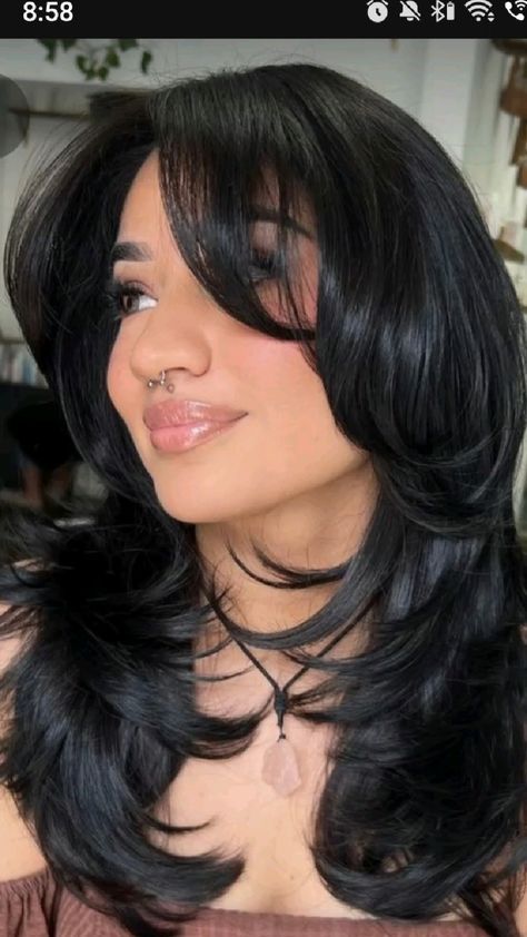 Hair Cut With Layers And Curtain Bangs, Curtain Bangs With Dyed Hair, Black Hair Layers Medium With Bangs, Nice Bangs Haircut, Brazilian Blowout With Curtain Bangs, Curtain Bangs With Black Hair, Medium Length Hair With Layers With Curtain Bangs, Dark Brown Hair With Long Layers And Curtain Bangs, Layered Hair Medium With Wispy Bangs