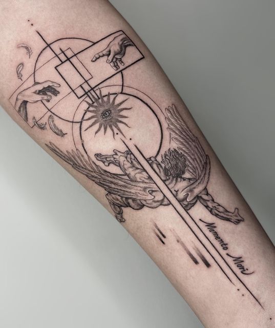 a person with a tattoo on their arm and the cross is in the middle of it