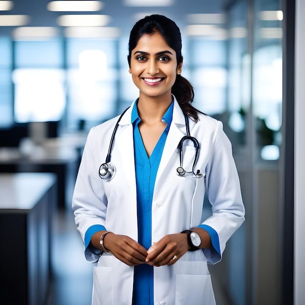 a woman doctor standing with her hands folded in front of her chest and wearing a stethoscope