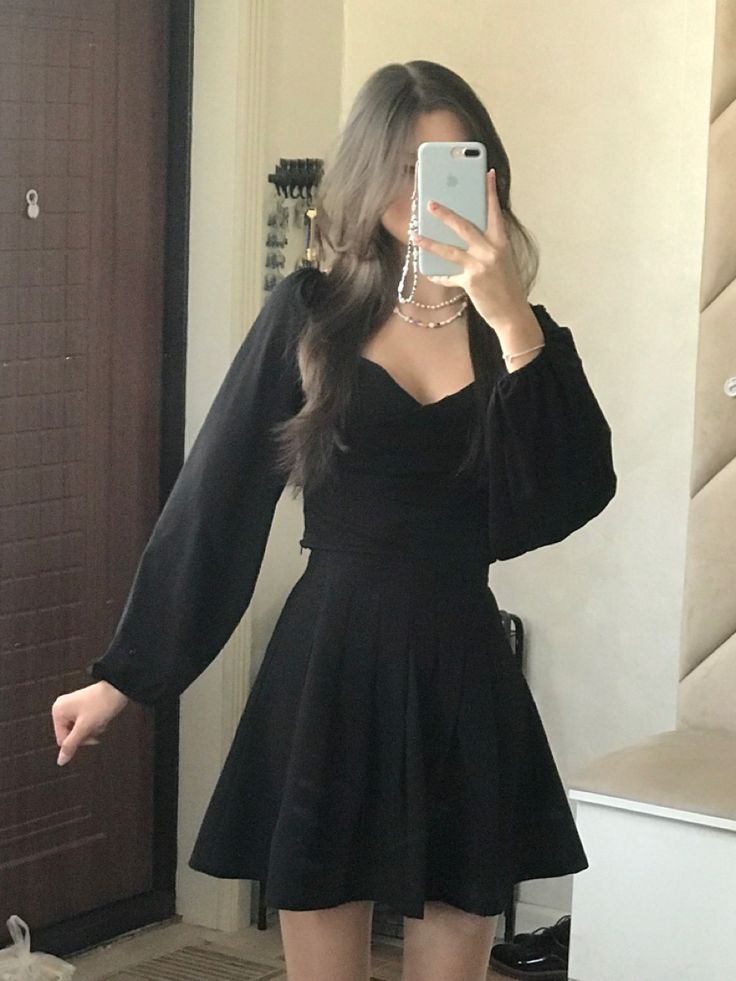 Midi Fit And Flare Dress With Sleeves, Black Dress Aesthetic Elegant, Black Semi Formal Outfit, Gala Night Outfit, Black Frock, Occasion Dresses Wedding Guest, Cute Black Dress, Black Dresses Classy, Cute Dress Outfits