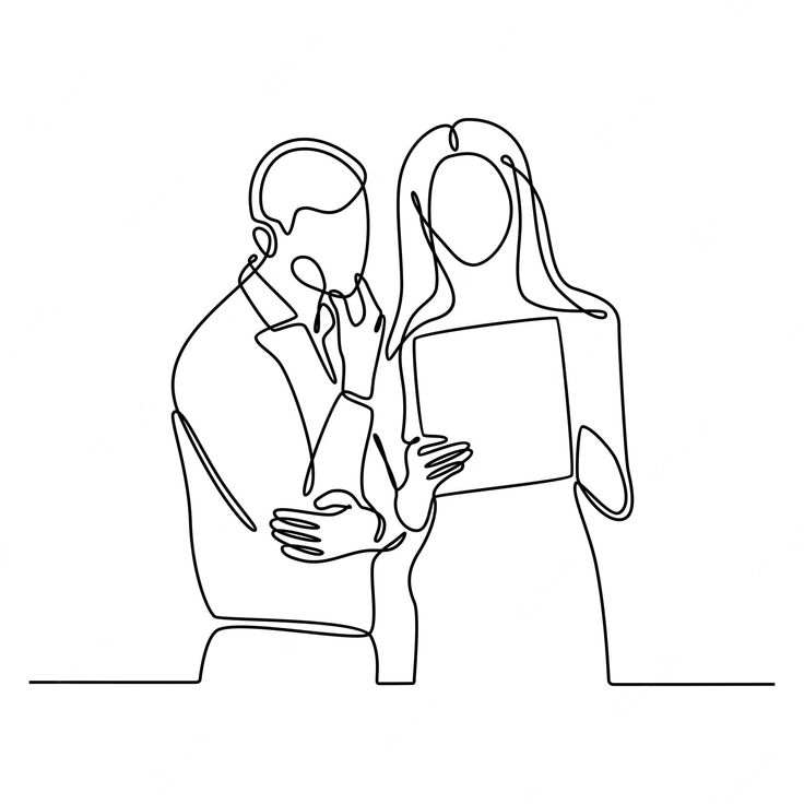 one line drawing of two people holding a piece of paper and looking at each other