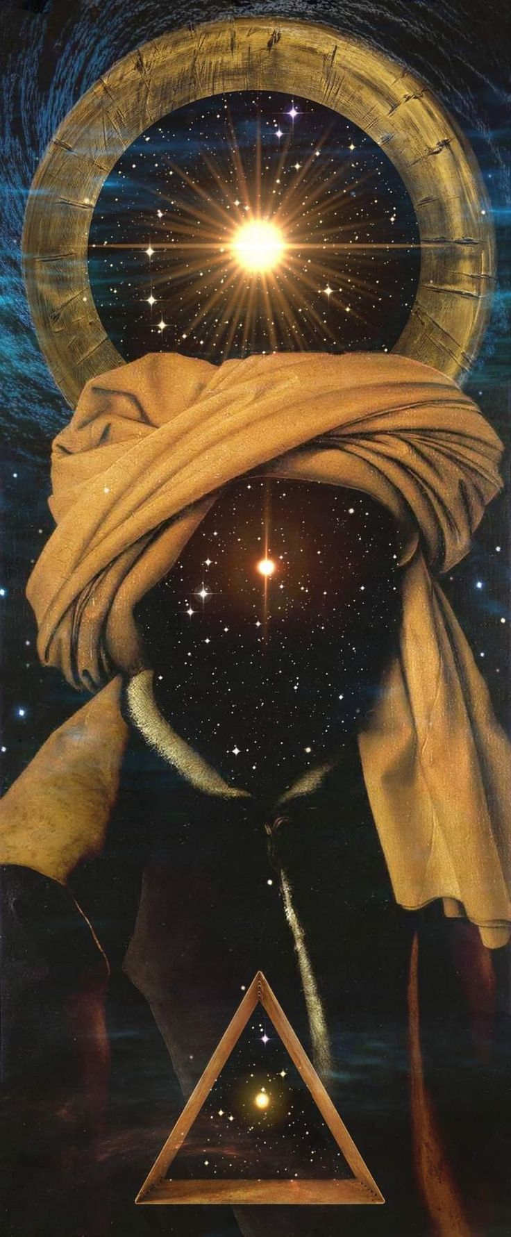 an image of a person wearing a hat and scarf with stars in the sky behind them