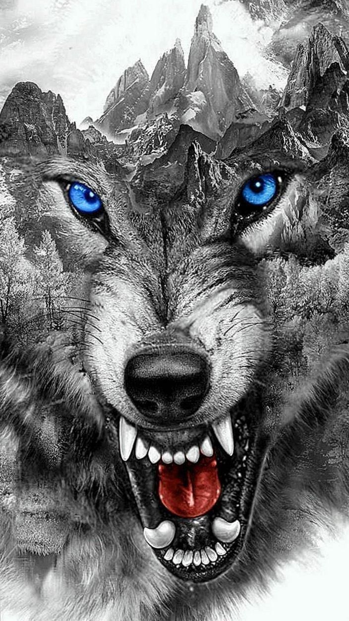 an image of a wolf with blue eyes