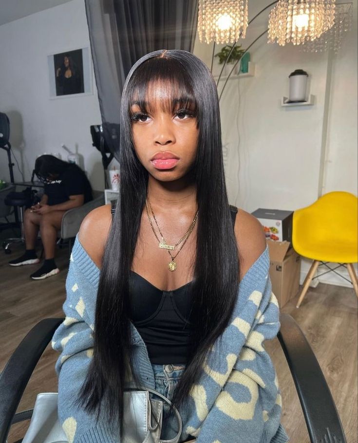 Bangs Side Part Wig, Long Black Wig With Bangs, Straight Sew In With Bangs, Leave Out With Bangs, Bangs With Wig, Jt Bangs, Bangs Lace Front Wig, Braids With Bundles, See In With Bangs