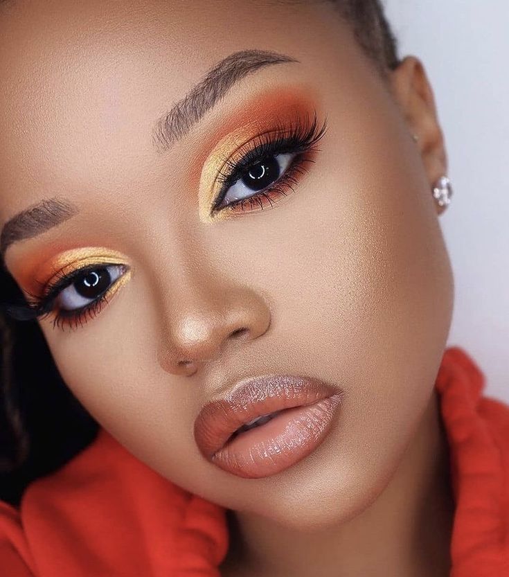 Gold Eyeshadow Makeup Looks, Lungile Thabethe, Gold Eyeshadow Makeup, Black Girls Makeup, Orange Eyeshadow Looks, Eyeshadow Makeup Looks, Sunset Eyeshadow, Orange Eye Makeup, Flawless Face Makeup