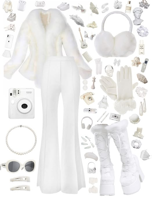 Cute White Winter Outfits, Winter Rh Outfits, Rich Winter Outfits, Winter Wonderland Outfit Ideas, Winter Princess Outfit, White Winter Outfits, White Outfit Aesthetic, White Christmas Outfit, Winter Wonderland Outfit