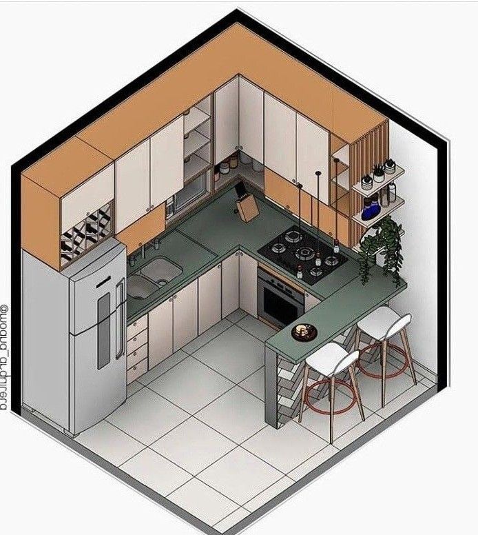 an overhead view of a kitchen and dining room in one perspective with the floor plan drawn