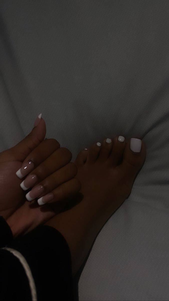 Nails Black Women French Tip, White Toes Pedicure Black Women, Manicure And Pedicure Aesthetic, White Toes Black Women, Manicure Black Women, White French Tip Pedicure, Pedicure Black Women, White Toes Pedicure, Nails And Feet Set