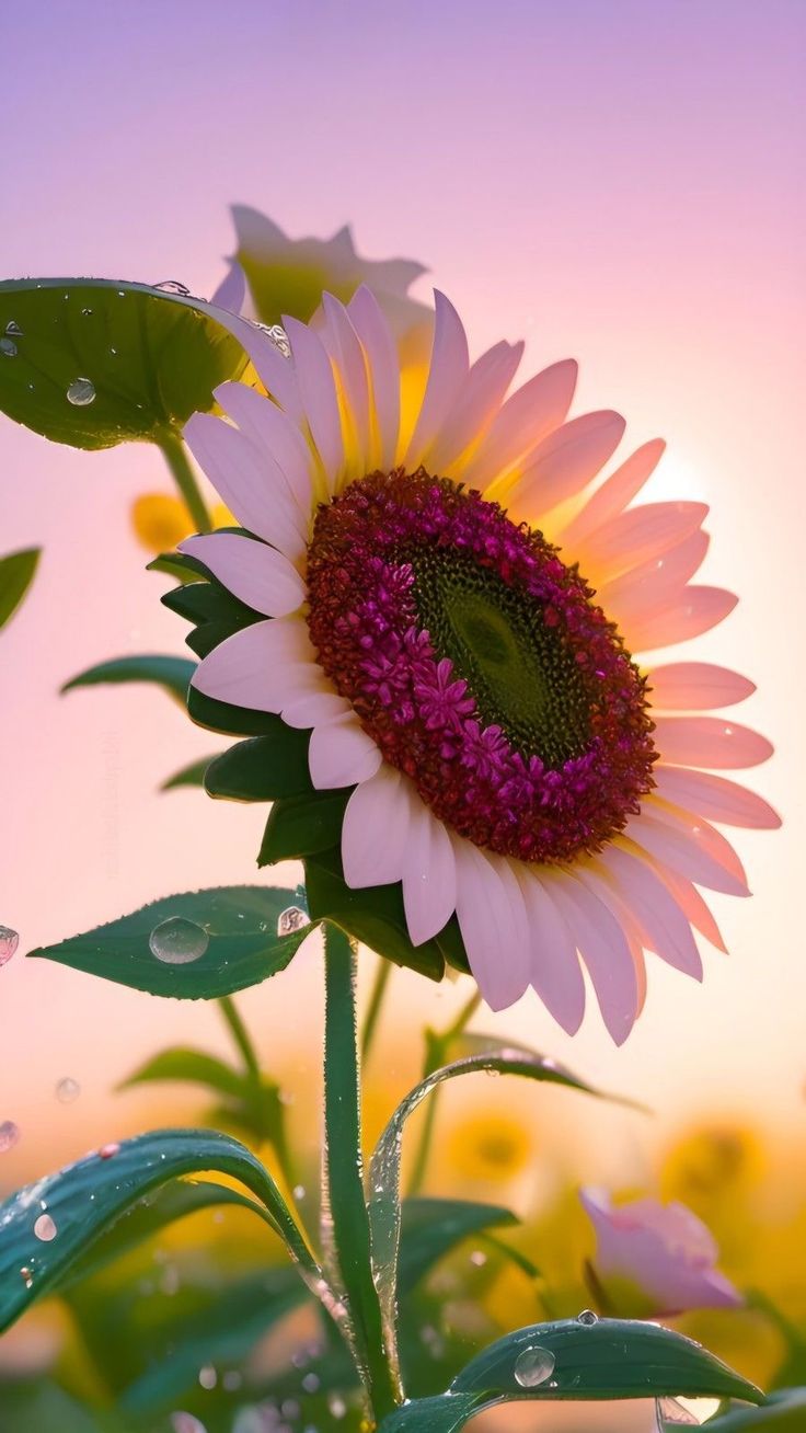 a sunflower with water droplets on it's petals in front of a pink sky