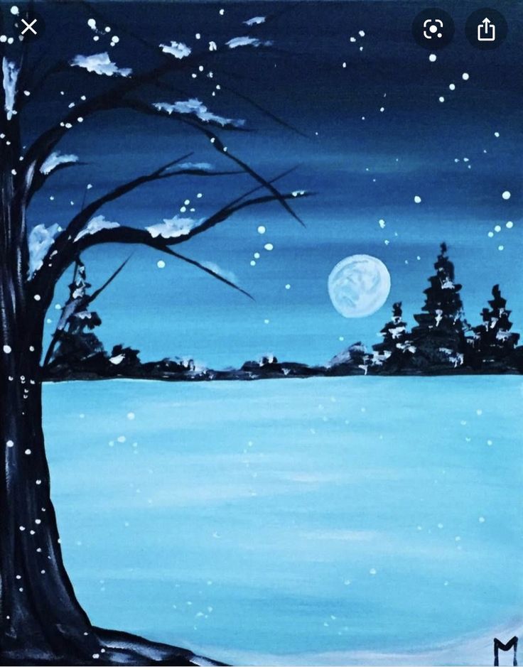 a painting of a snowy night with a tree and the moon in the sky above it