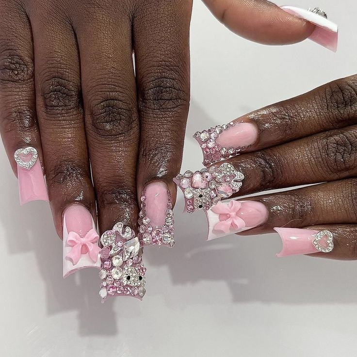 _grabbersbydrea Acrylic Barbie Nails, Cute Duck Nail Ideas, Bling Duck Nails, Simple Gyaru Nails, Kawaii Duck Nails, Kawaii Nails Acrylic, Pink Duck Nails, Acrylic Nails Yellow, Weak Nails