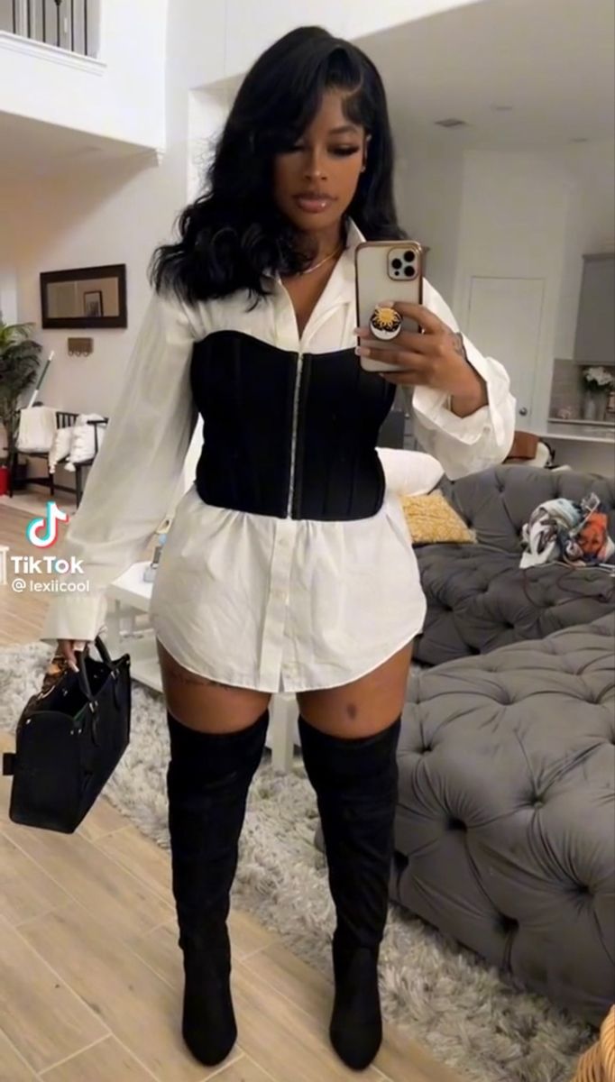 Elegant Birthday Outfit Classy Winter, Collared Shirt And Skirt Outfit, Brunch Party Outfit Black Women, August Birthday Outfit Ideas, Corset Top With Button Up Shirt, Leather Skirt And Corset Outfit, Corset Button Up Shirt Outfit, Outfits With Clear Heels, White Button Down Shirt Outfit Black Women