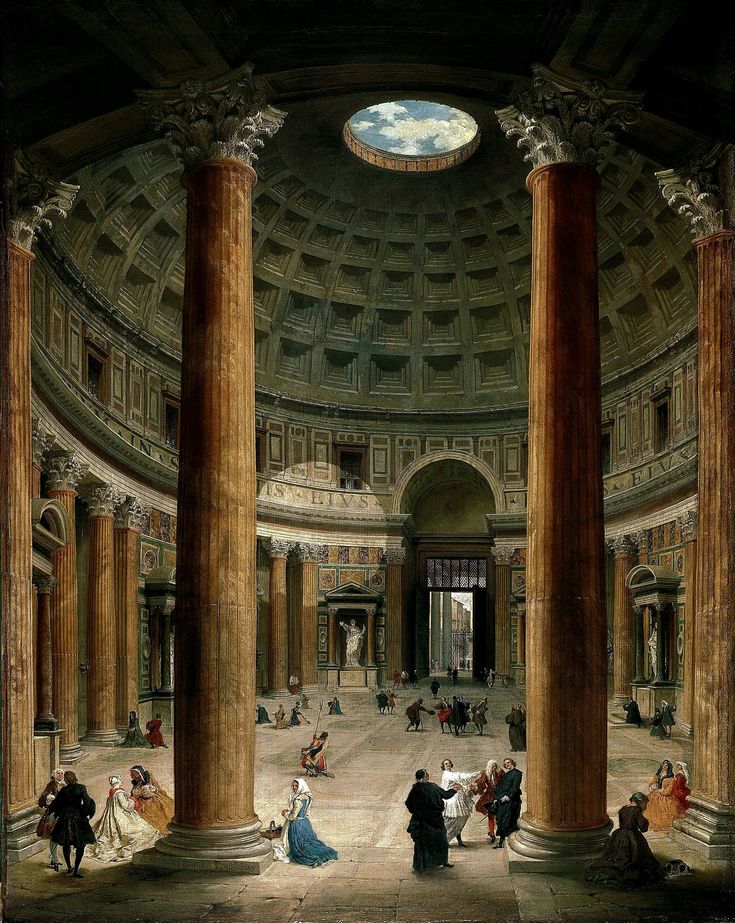 the interior of a building with columns and people