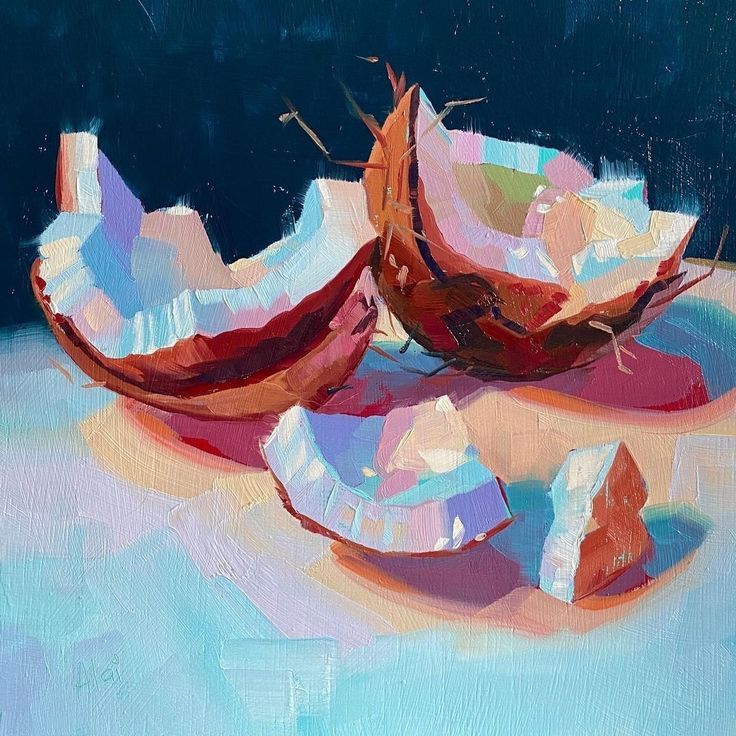 an oil painting of three pieces of fruit on a blue surface with one cut in half