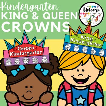 two children wearing crowns with the words king and queen crowns on their heads in front of them