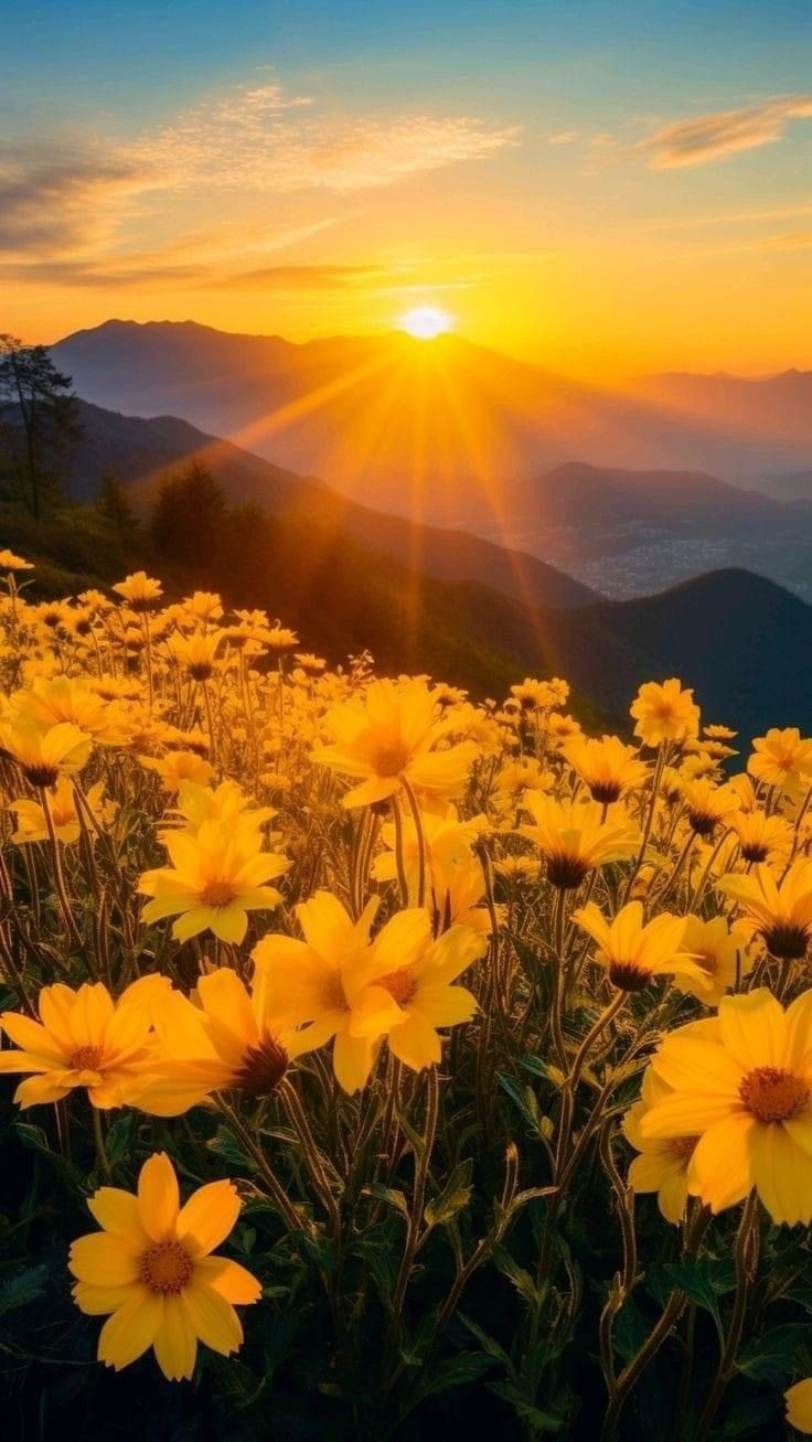 the sun is setting over some yellow flowers