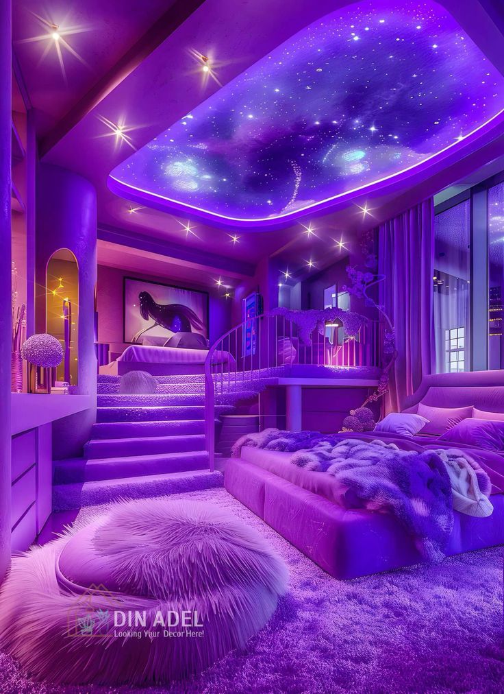 a bedroom with purple lighting and stars on the ceiling is pictured in this image, it has