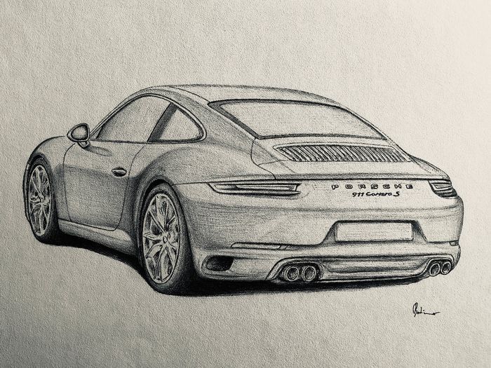 a pencil drawing of a sports car with the hood up and tail lights turned down