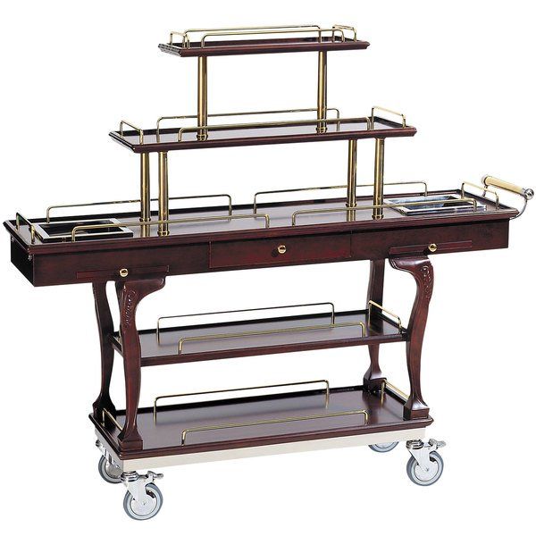 a wooden table with three trays on wheels and two glass shelves in the middle