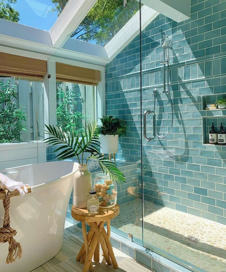 a bathroom with a skylight and a bathtub