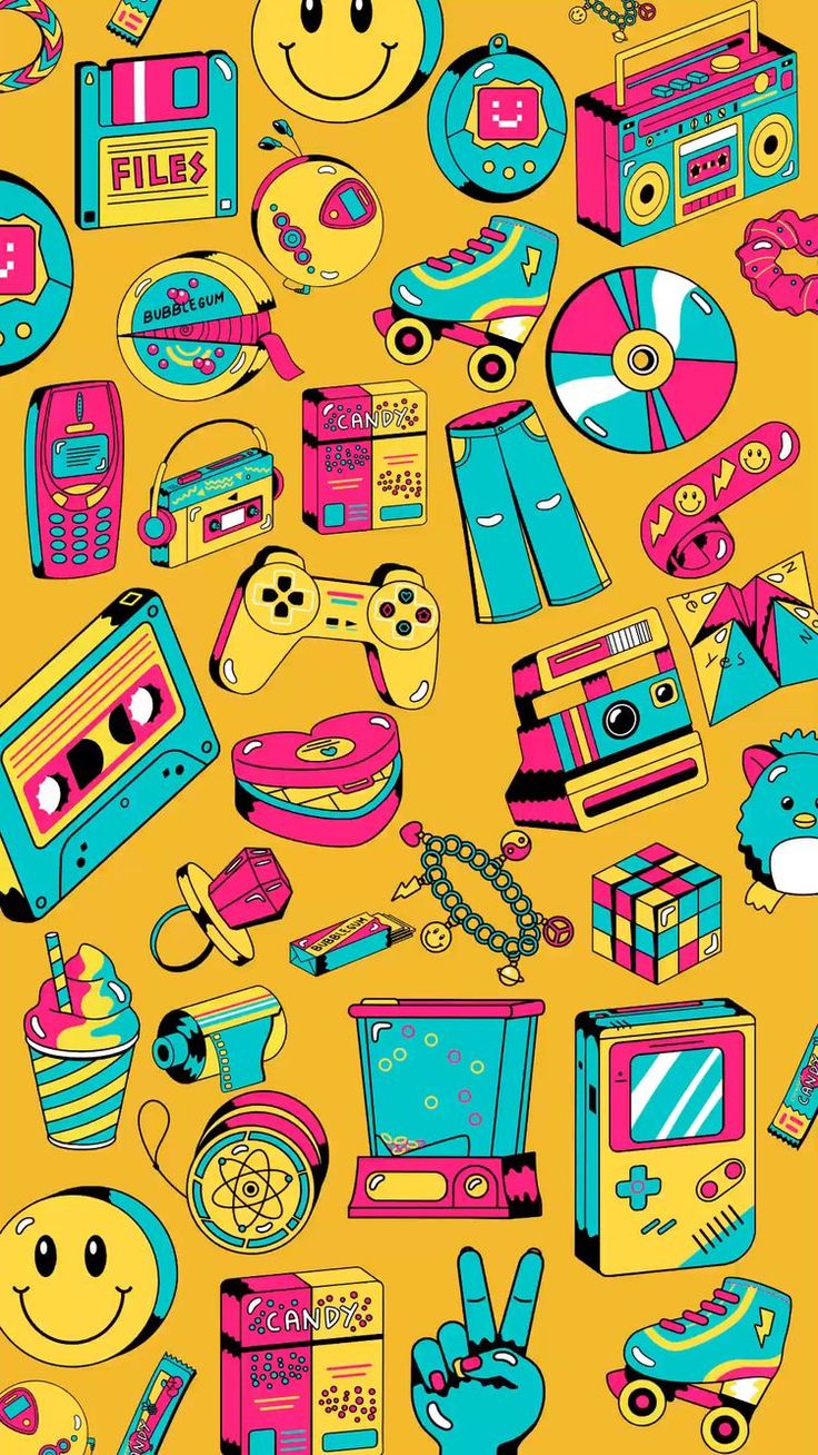 a bunch of different colored objects on a yellow background