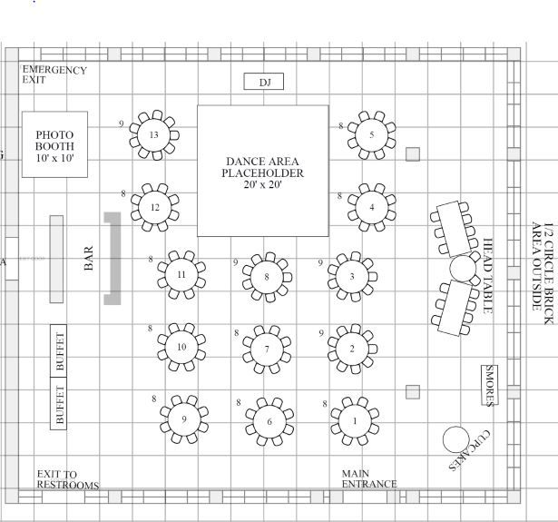 the floor plan for an event with tables and chairs, seating areas are arranged in rows