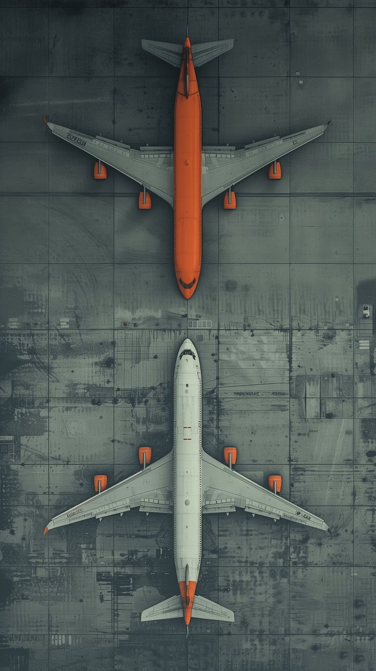 an aerial view of two airplanes on the tarmac, one is orange and white