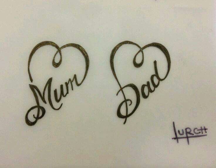 two hearts with the words mum and dad written on them in cursive writing