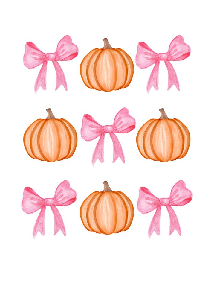 six watercolor pumpkins with pink bows