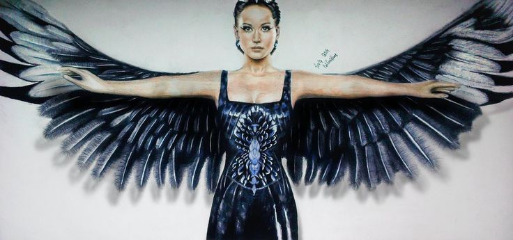 a painting of a woman with large black wings on her body and arms stretched out