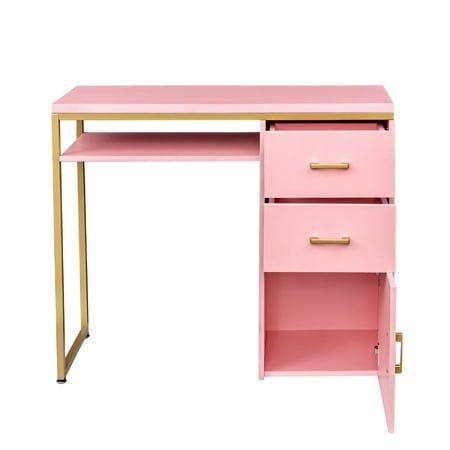 a pink desk with gold legs and drawers