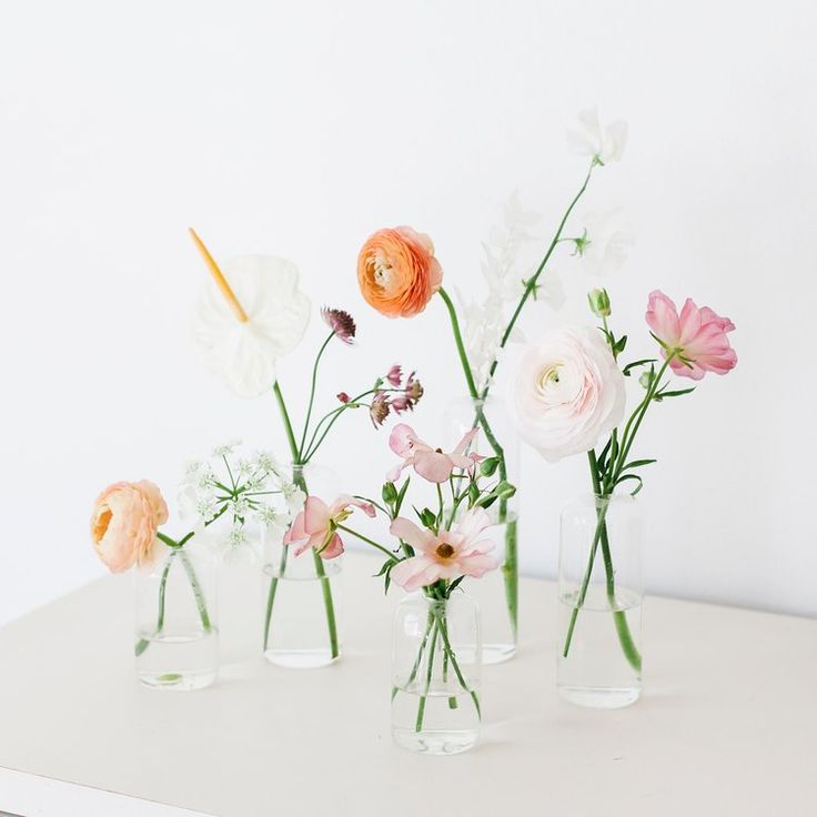 three clear vases filled with flowers on a white countertop against a white wall