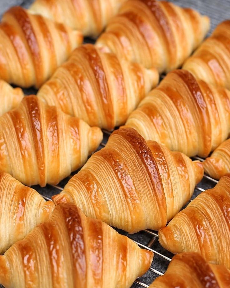 many croissants are lined up on a wire rack and ready to be baked