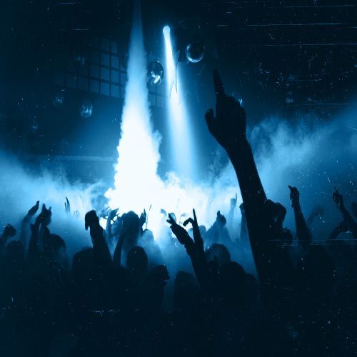 a group of people at a concert with their hands in the air and lights on