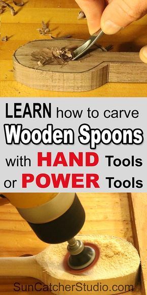 someone using a power tool to sharpe wood spoons with hand tools or power tools